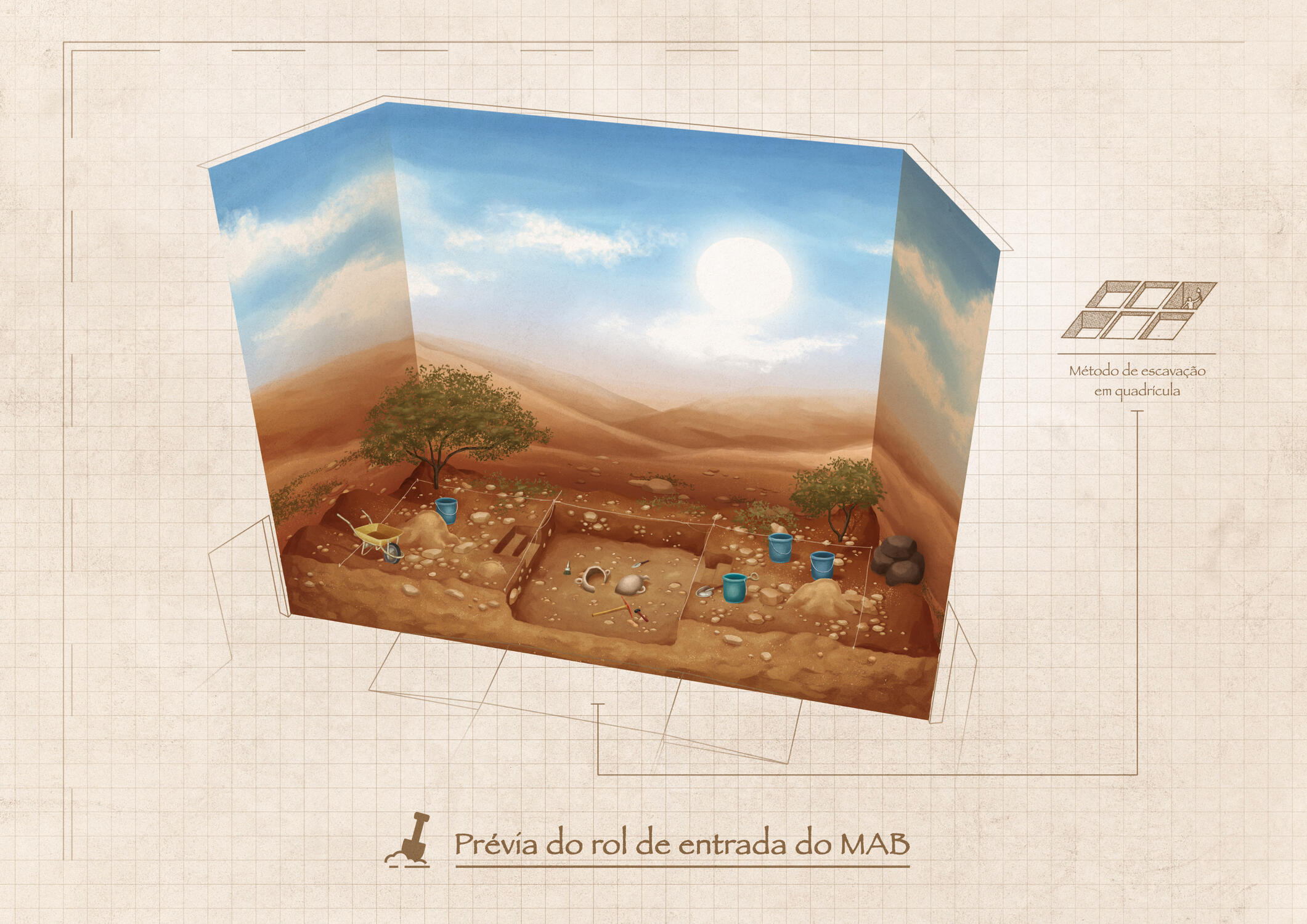 Digital painting used as the basis for the set design of the entrance hall at MAB (Museum of Biblical Archaeology)