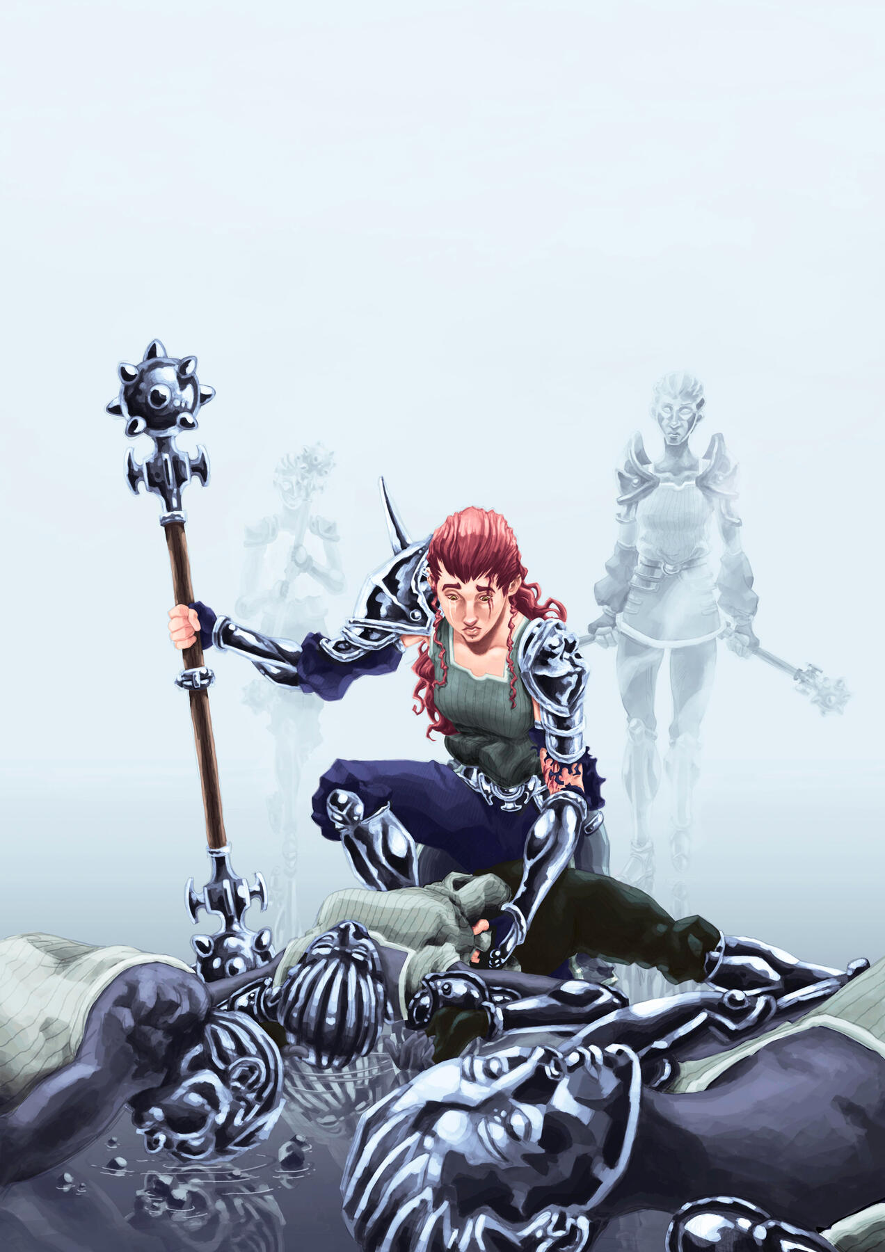 Concept art of a wounded warrior fighting her clones in the middle of nowhere