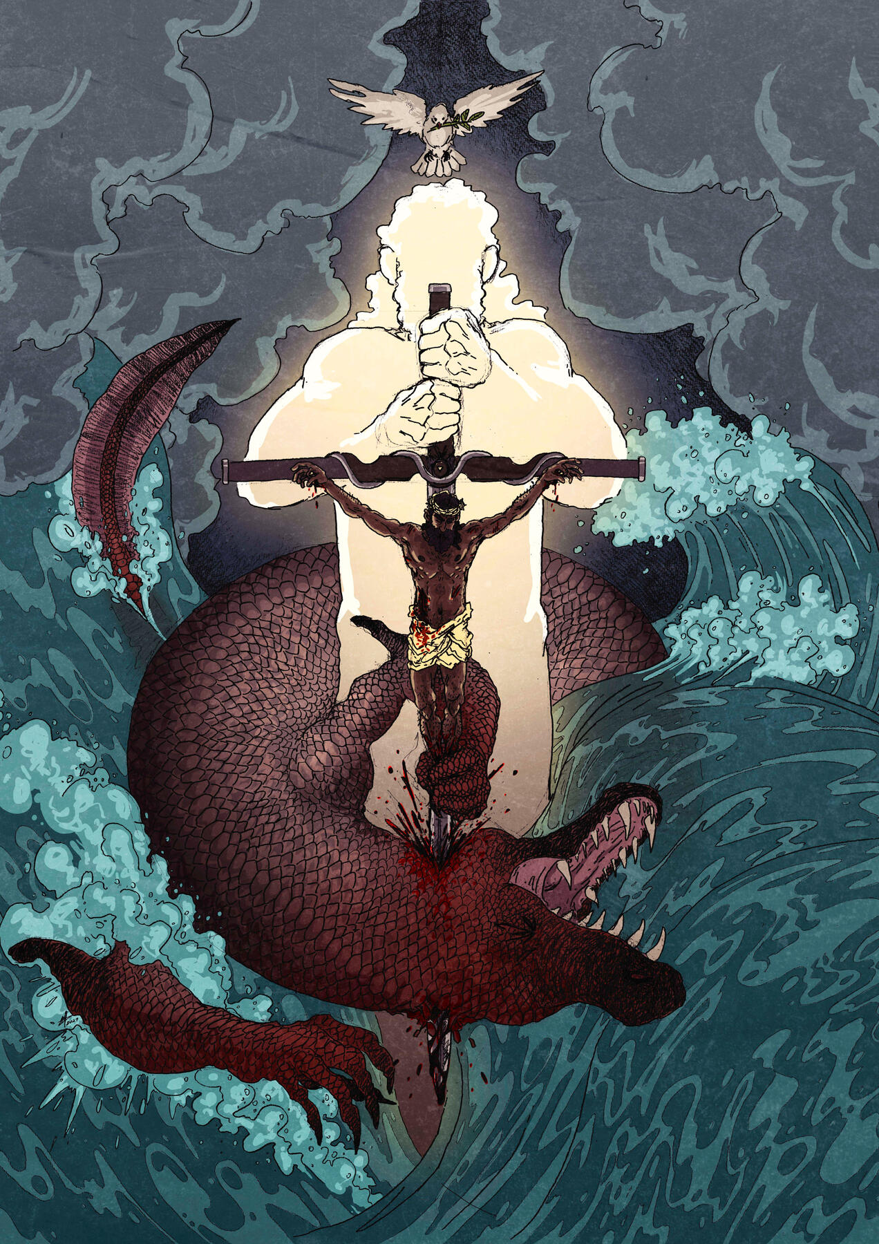 Illustration of the Trinity (God, Jesus, and the Holy Spirit) defeating the dragon in a chaotic sea