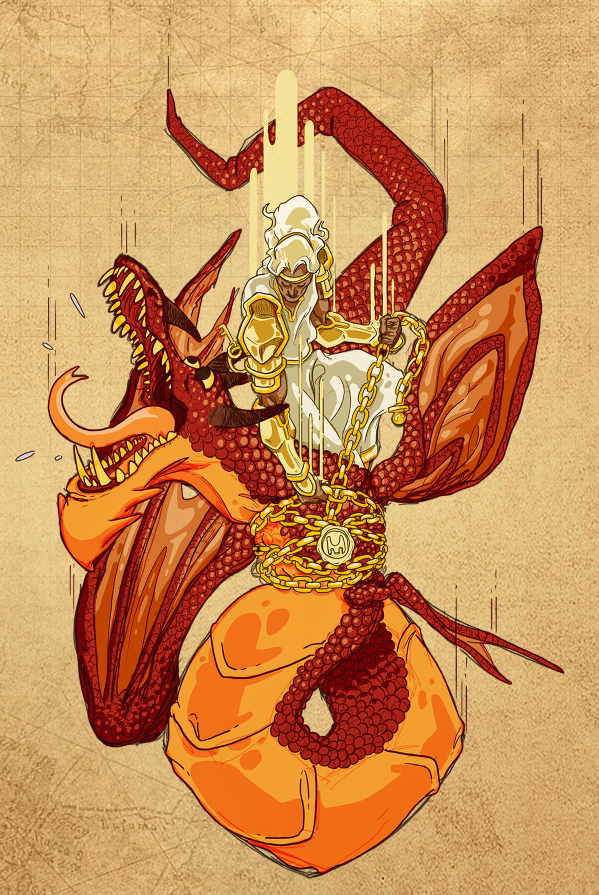 Biblical illustration of an angel from Revelation chaining a dragon