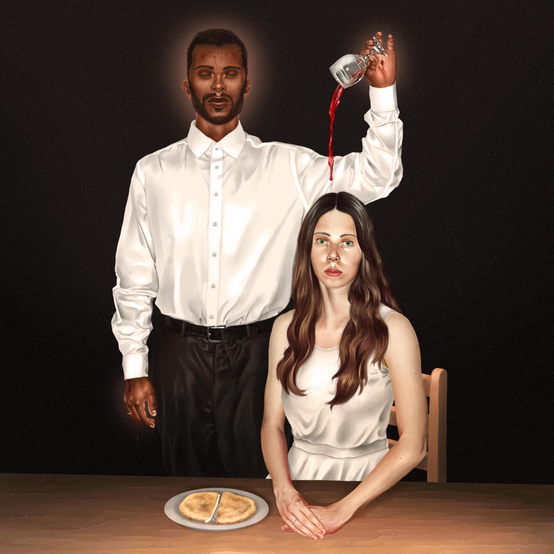 Realistic digital painting depicting Christ and the Church. EP cover for the band O Bairro Novo