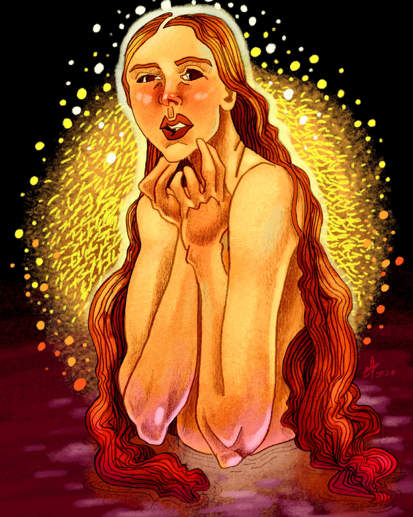 Illustration of a glowing woman emerging from a dark lake, inspired by Gustav Klimt