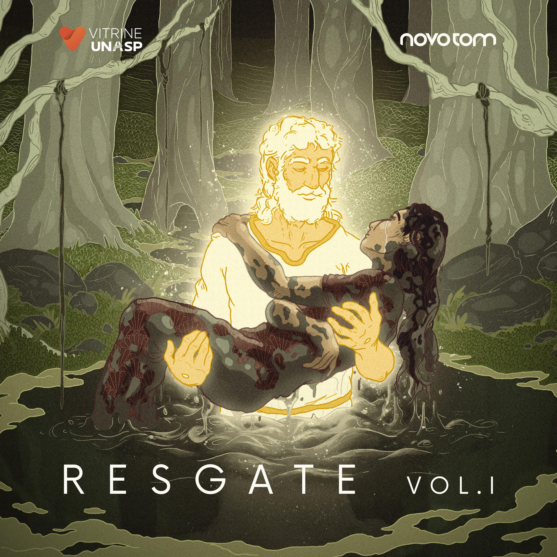 Digital illustration of Jesus rescuing a woman from a swamp. Album cover for the musical group Novo Tom