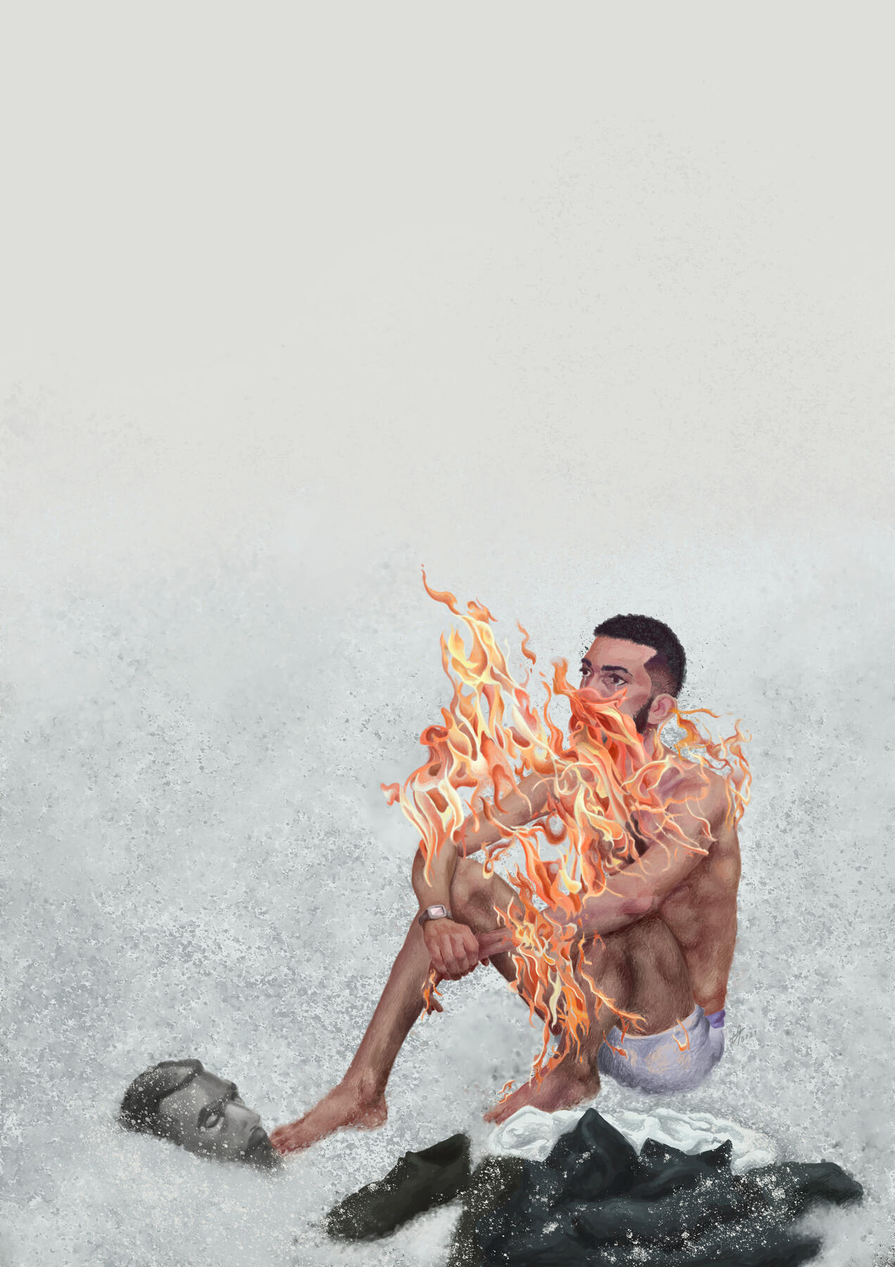 Realistic digital self-portrait of a half-naked man on fire amid the snow