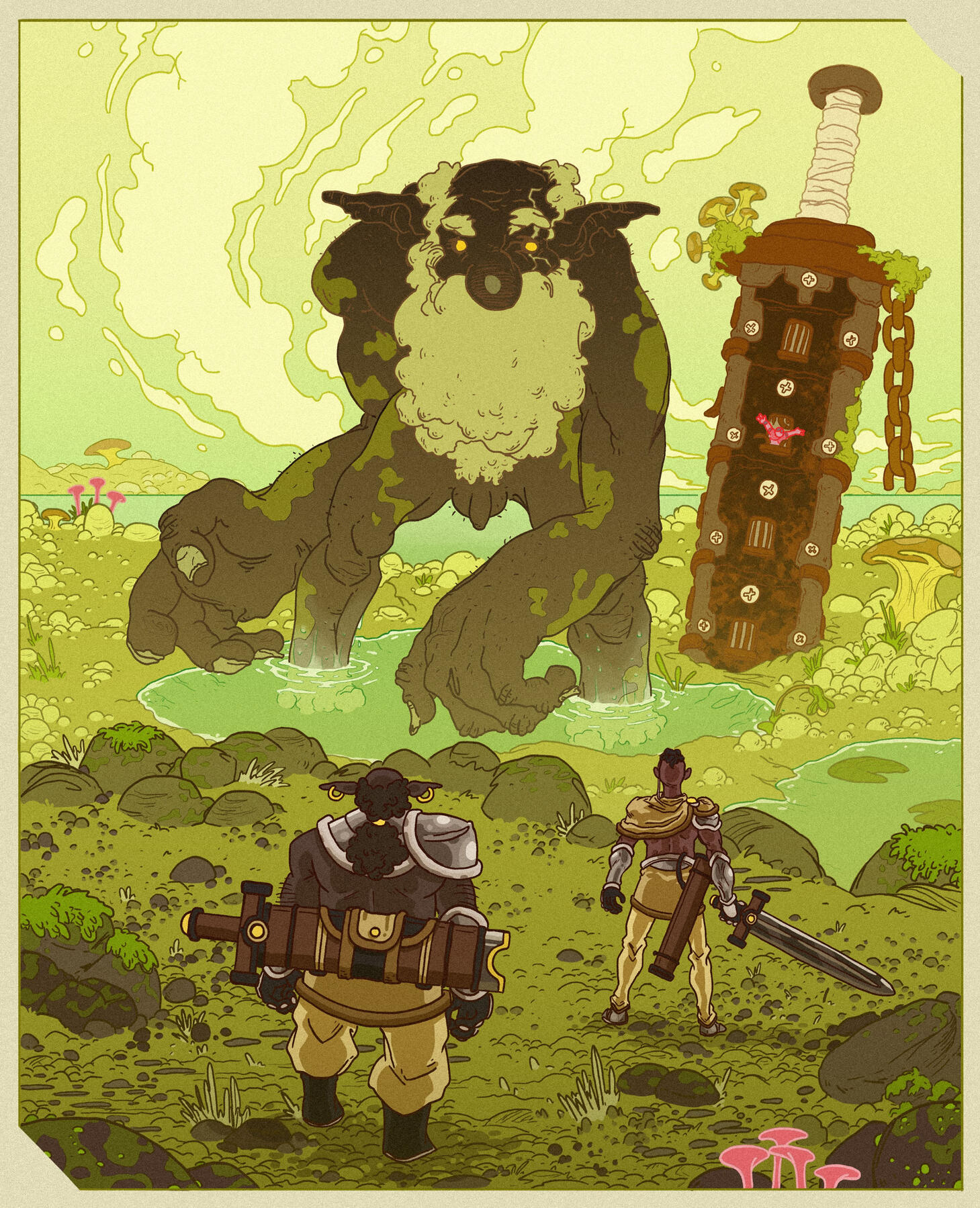 Concept art of warriors about to face a giant in the world of Arreth