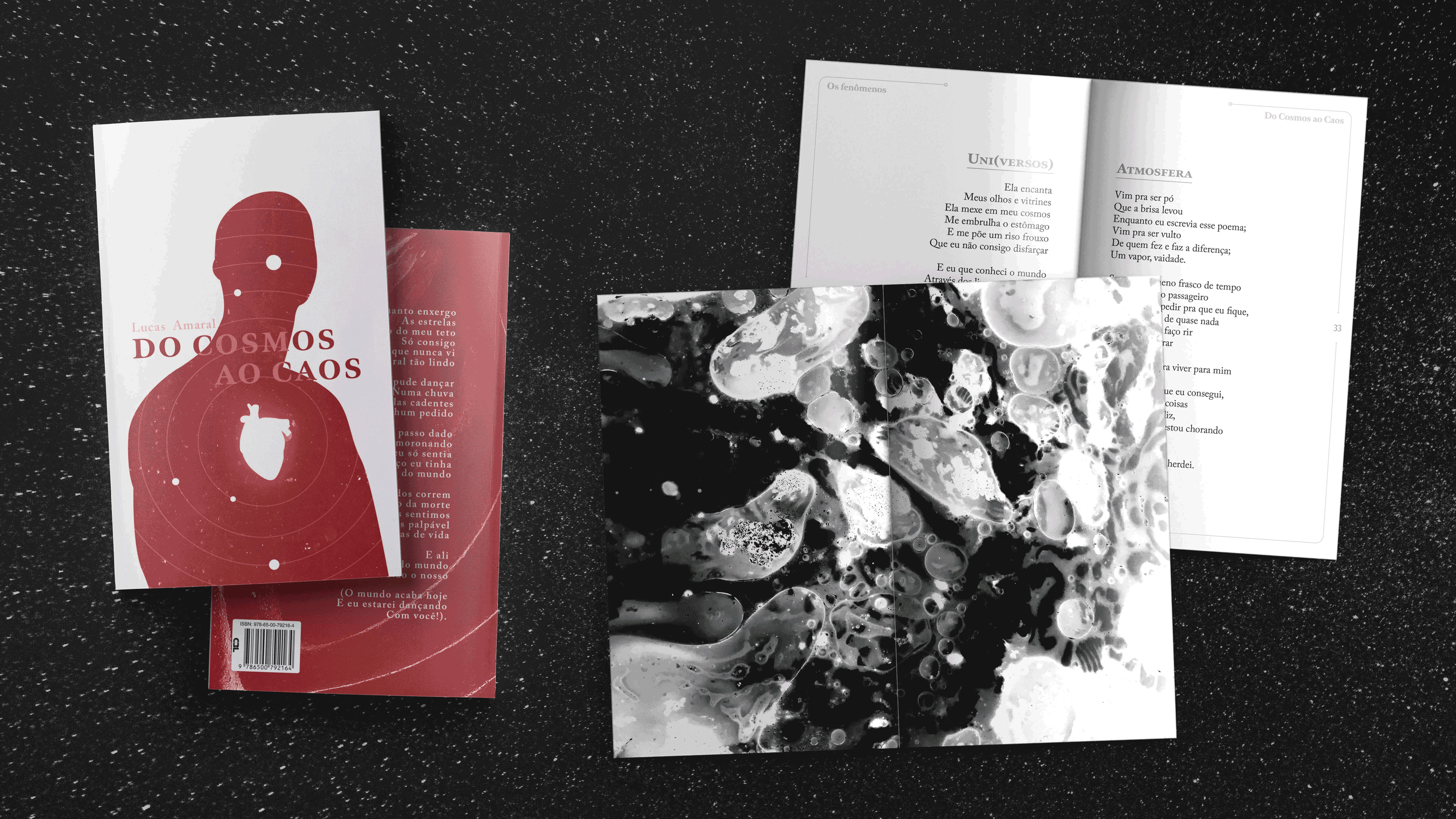 Cover and interior layout design, and illustrations, for the poetry book Do Cosmo ao Caos by Lucas Amaral