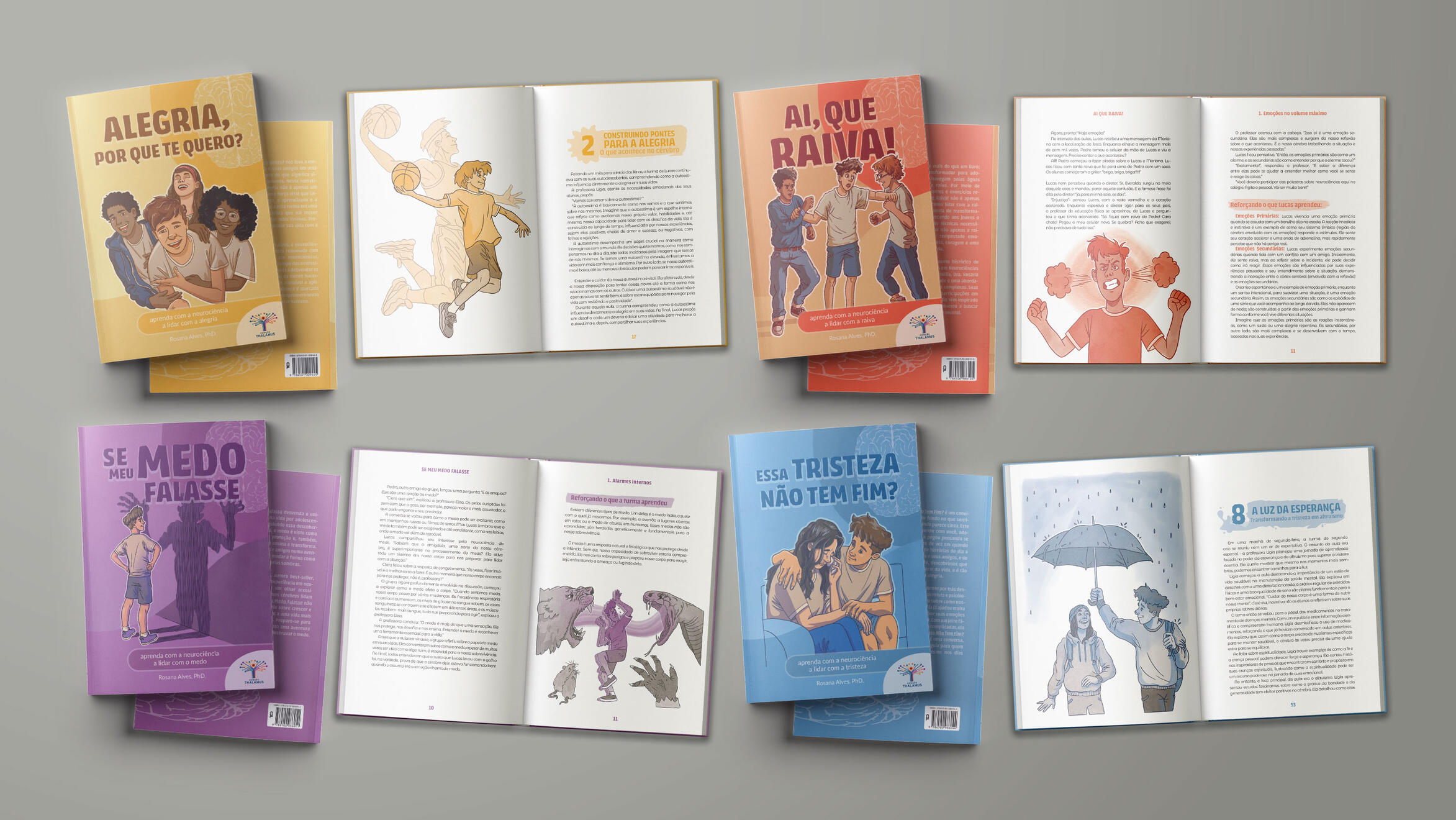 Cover and interior layout design for the educational book series Neurociência e Emoções by PhD Rosana Alves