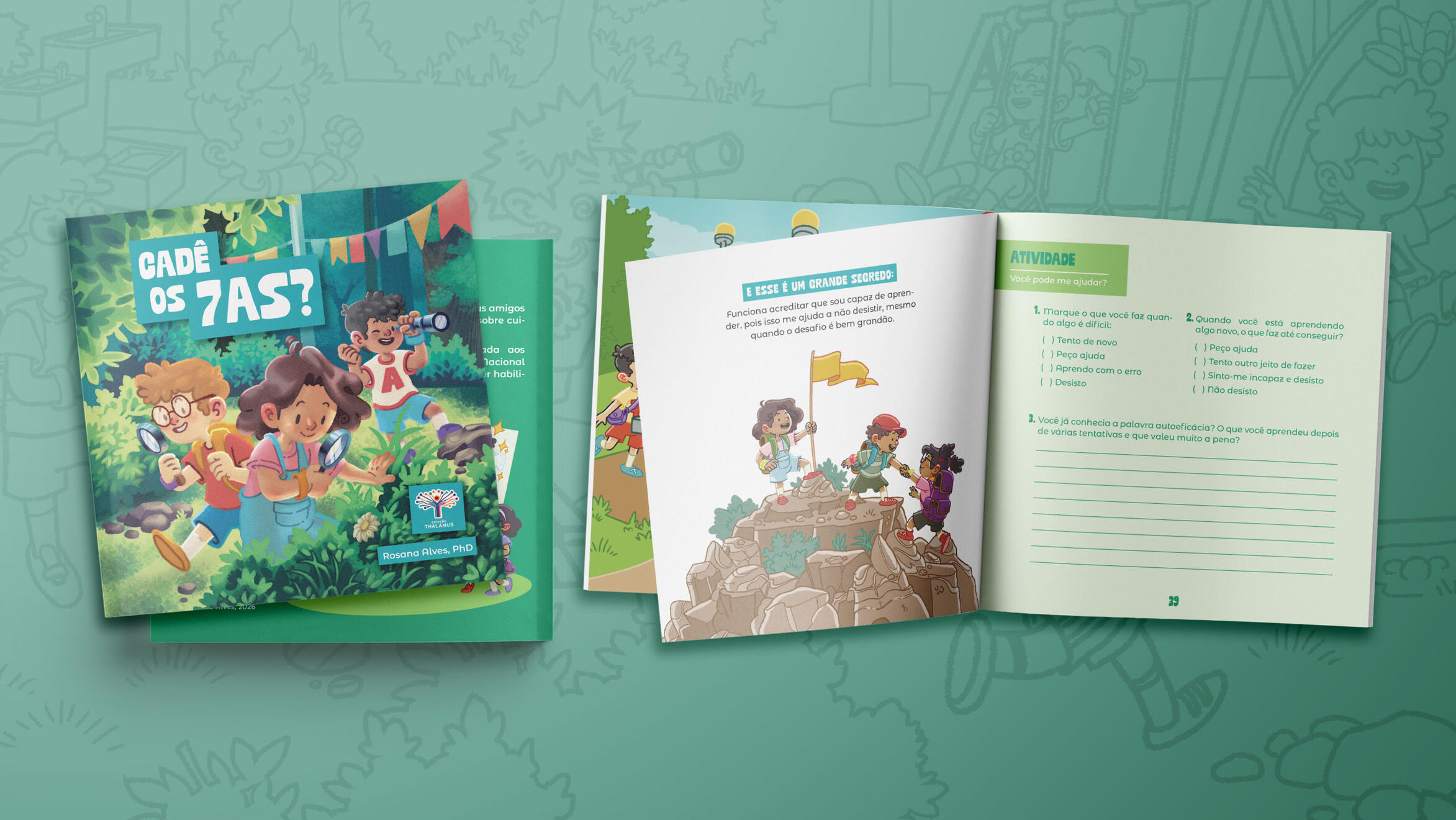 Cover and interior layout design for the children’s book Cadê os 7 As? by PhD Rosana Alves