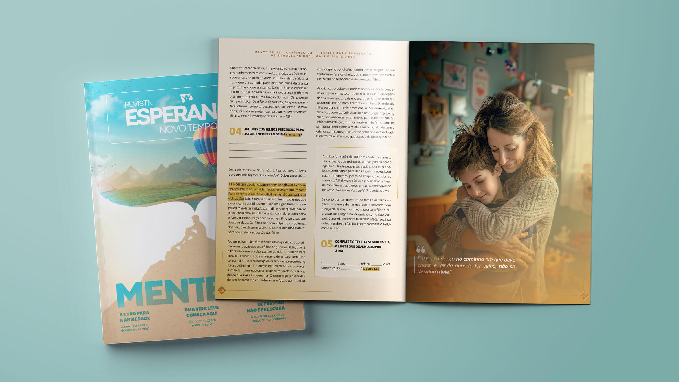 Editorial design and layout for the magazine Mente Feliz by Rede Novo Tempo de Comunicação